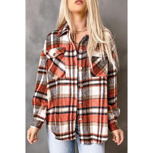 Azura Exchange  Orange Chest Pockets Flannel Plaid Shacket - Picture 5 of 15